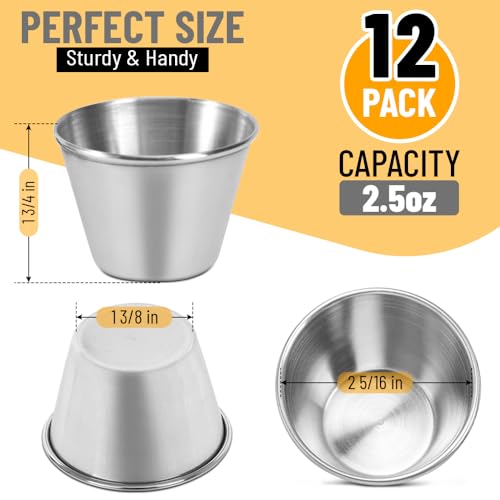 GLOBAL BASICS Stainless Steel Condiment Cups, 12 Round Sauce Cups, 1.5 oz Capacity, Dishwasher Safe - Thumbnail 2