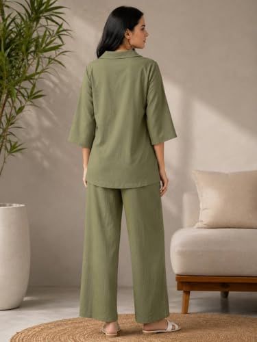 Image of Women's Co Ord Set for Women - Relaxed Fit Collared Top with 3 /4 Sleeves & Wide Leg Palazzo Pants, Casual Lounge Wear Matching Outfit for Daily Wear, Travel & Office