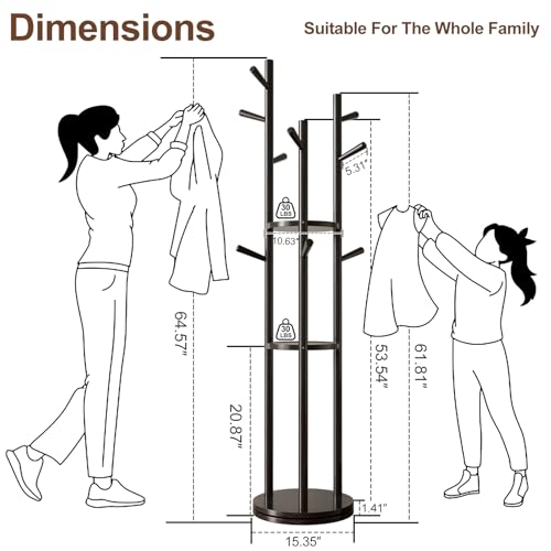KungFuWood Coat Rack, Solid Wood Rotary Coat Rack Stand, Freestanding Coat Rack with 3 Shelves and 9 Hooks, Sturdy and Easy to Assemble Coat Tree for Entryway, Bedroom, Coats, Bags (Black)