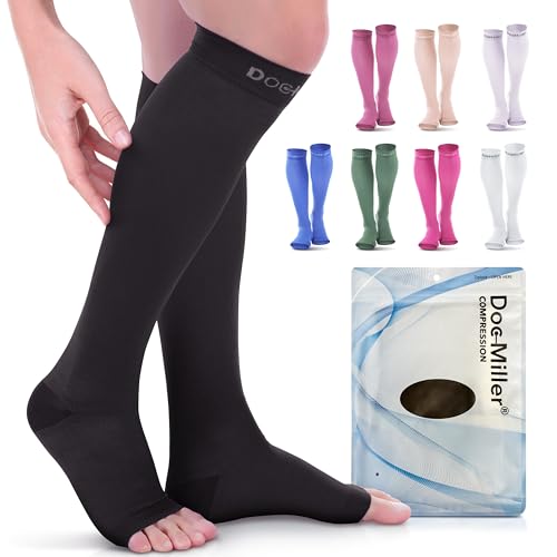Doc-Miller-Open-Toe-Compression-Socks-20-30-mmHg-Toeless-Compression-Sleeves-for-Legs-Knee-High-Stockings-for-Shin-Splints-Varicose-Veins-Travel-Calf-Support-Muscle-Recovery-Men-Women-Pair Doc Miller Open Toe Compression Socks, 20-30 mmHg, Toeless Compression Sleeves for Legs, Knee High Stockings for Shin Splints, Varicose Veins, Travel, Calf Support & Muscle Recovery, Men & Women, Pair - Image 1