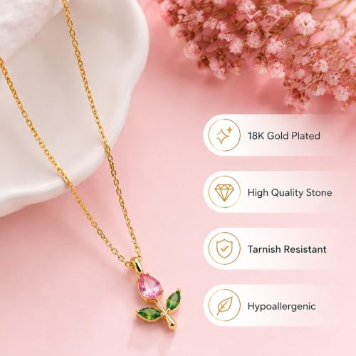 Image of Gold-Tone Rose Pendant Necklace for Women with Pink Crystal, Floral Charm Chain Stainless Steel Anti Tarnish Waterproof Hypoallergenic, Gift for Her