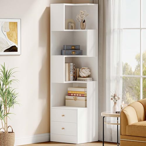 IRONCK Corner Bookshelf 70.87 Tall Corner Bookcase with Drawers Corner Shelf Storage Display Rack for Living Room Home Office White