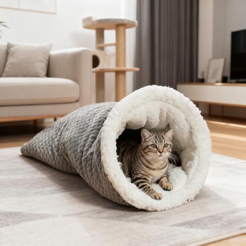Katzenschlafsack, Plüsch Katzen-Schlafsack, Selbstwärmender katzenbett für Haustiere, Haustier-Bettmatte, Hundeschlafsack, Waschbare Versteckhöhle für Katzen und Kleine Hunde (Grau)
