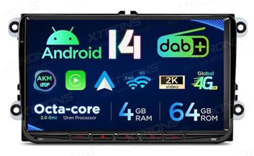 XTRONS Radio de coche Android 14, PX94MTVDAB, GPS, CarPlay, DAB+, Wi-Fi 4G, compatible con Golf, Passat, Tiguan, Seat, Skoda, 180 W, color negro