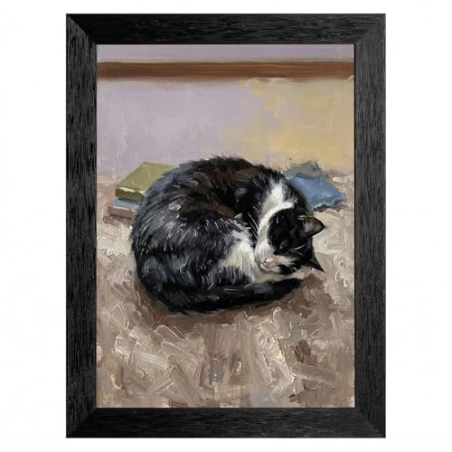 Framed Canvas Wall Art Contemporary Impressionist Muted Earthy Cat on Linen Rug Textured Fur Canvas Print Poster Black Frame Wall Decor for Living Room Bedroom 24x36 Inch