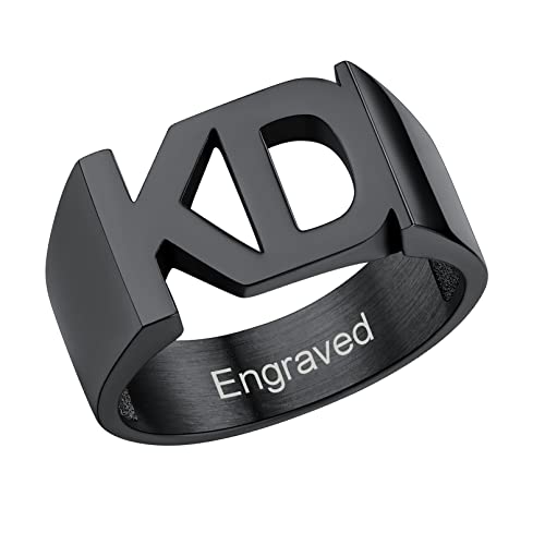 Custom4U Personalized Name Ring Unisex Custom Block Letter/Name/Initial/Year/Word Rings,Stainless Steel/Gold/Black Customzied Nameplate Ring for Women Men (Gift Box) 3.1 Black