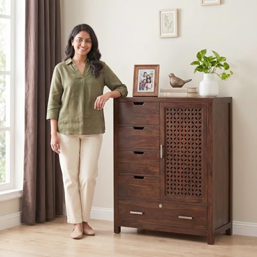 Image of Amazon Brand - Solimo Solid Sheesham Wood Truva Sideboard Cabinet with 5 Drawers & 1-Door Storage | Storage Cabinet for Living Room, Kitchen & Bedroom Organizer Chest of Drawers (Walnut Finish)