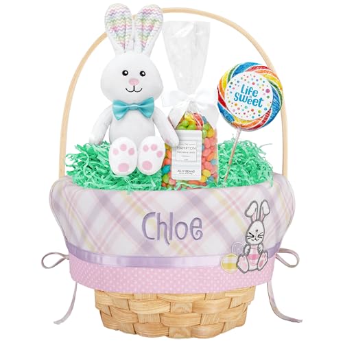 Let's Make Memories Personalized Easter Basket for Kids - For Boys - For Girls - Embroidered Name - Create Your Own - Fillable - Wicker - Easter Basket Stuffers - Medium - Pink Bunny Applique