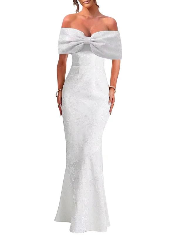 Mermaid Jacquard Satin Prom Dress Long Off Shoulder Big Bow Evening Party Formal Gowns3