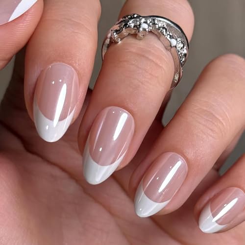 UNA GELLA Press On Nails: Almond French Tip Soft Gel Press Ons Short Kit with Nail Tips Glue on Nails, 16 Sizes - 32Pcs Reusable Chrome French Fake Nails Kit, Gift for Women