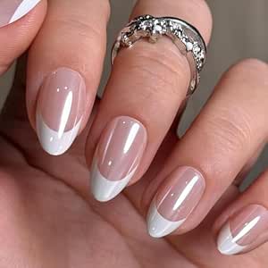 UNA GELLA Press On Nails: Almond French Tip Soft Gel Press Ons Short Kit with Nail Tips, Glue, 16 Sizes, 32 Pieces