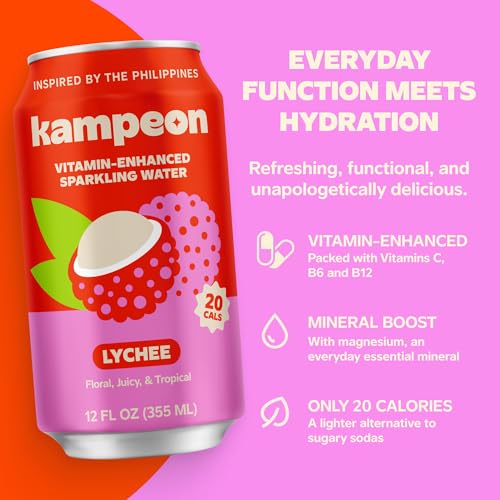 Image of Kampeon Lychee Filipino-inspired sparkling water - 12oz Cans | Filipino Tropical Soda Alternative with Lychee Juice, Vitamin C, Magnesium & B6 B12 | Lightly Sweet, No Artificial Sweeteners, Caffeine-Free (Pack of 12)