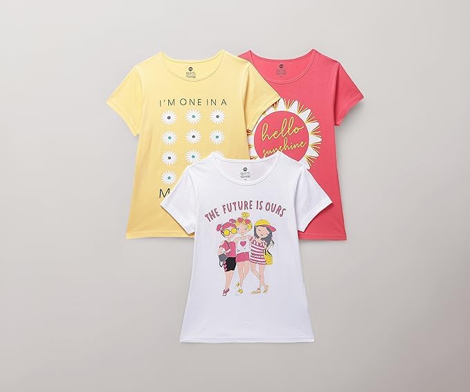 Image of Clotth Theory Girls Super Combed Cotton Regular Fit Round Neck Printed Short Sleeve Tshirt -Combo Pack of 3