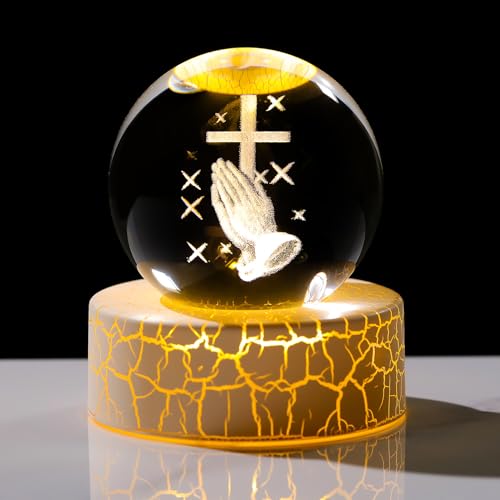 Movdyka Croce in cristallo 3D con mani in preghiera, statua sfera da 6 cm, regalo cristiano per donne e uomini, sfera religiosa in vetro per stanza con luce calda, crocifisso cattolico, regali