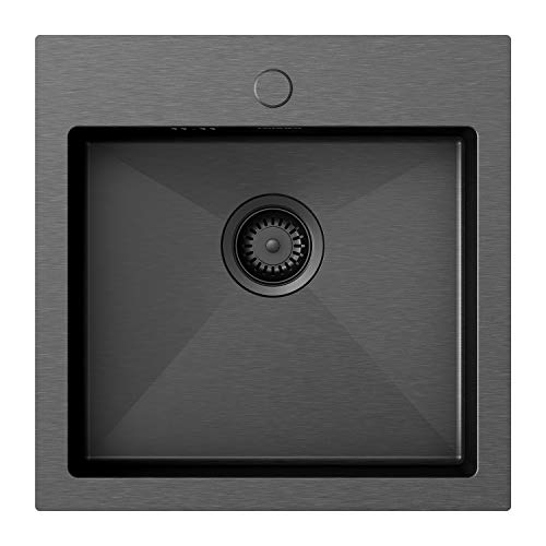 Lonheo Fregadero Cocina 1 seno negro de 49 * 49 cm, para mueble de 60 cm, fregaderos cuadrado de acero inoxidable, incluyendo juego de rebosadero y desagüe, sobre encimera o enrasado