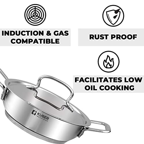 Image of Kuber Industries Stainless Steel Kadhai with lid & Casserole I Tri-ply Kadai Induction Base I Kadai 2.2 litres & Casserole 2 litre Capacity I Extra Deep I Riveted Handles