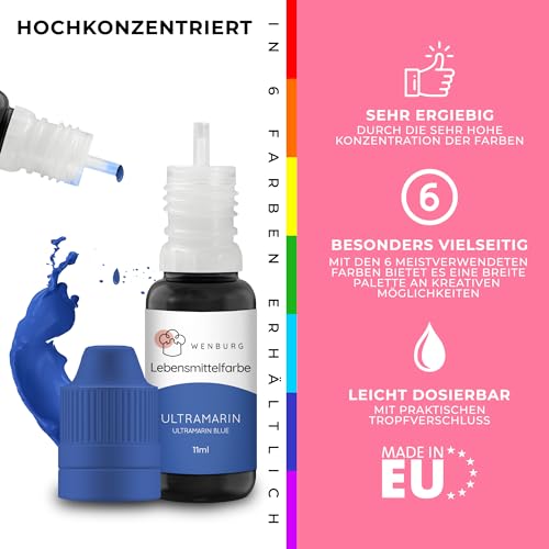 Wenburg Lebensmittelfarbe, 6 x 11ml, hochkonzentriert. Made in EU. Zuckerfrei, flüssig. Farben Set, zum Färben von Teig, Getränken, Aromen, Seifen, Slime. Tortendeko, Backzubehör (Regenbogen)