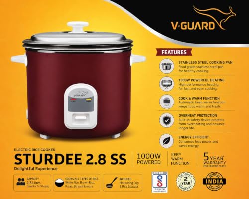 Image of V-Guard Rice Cooker With Double SS Pot, 2.8 Litres|2 Stainless Steel Cooking Pot|Stainless Steel Lid|1000 Watts 5-Year Heating Plate & 2-Year Product Coverage|Keep Warm Function | BIS CERTIFIED|