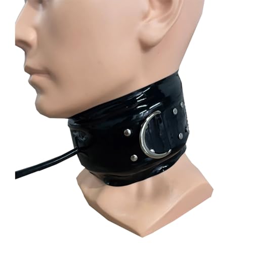 Schwarz Aufblasbares Halsband aus Gummi Latex für Männer und Frauen,mit Rückenreißverschluss Geeignet für Latexenge Kleidung-L