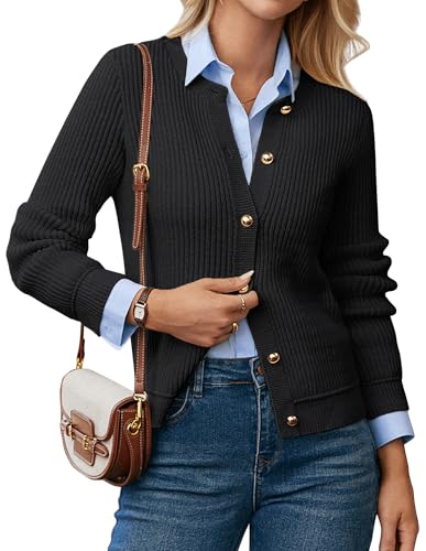 GRACE KARIN Women Knit Cardigan Sweaters Long Sleeve Ribbed Sweater 2025 Casual Button Down Jacket Black XL