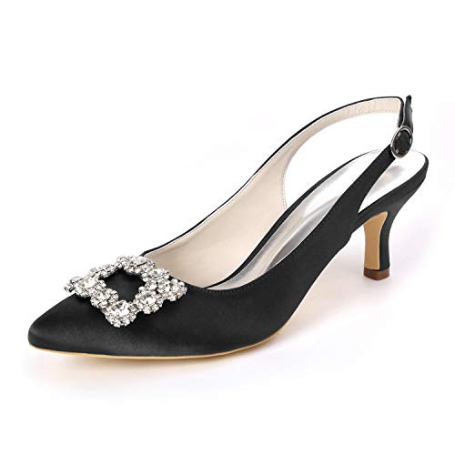 Women Comfort Mid Heel Pumps Close Toe Rhinestones Formal Evening Prom Wedding Shoes