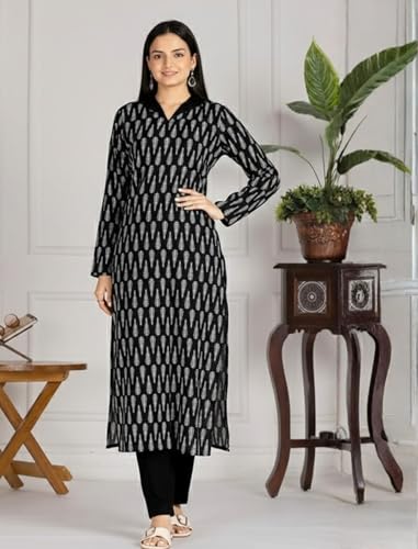 Image of 24 Carat Suit Women's Rayon Blend Straight Kurta Pant Set with Full Sleeves Collared Neck Printed Pattern Regular Fit and Calf Length