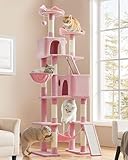 Picture of Yaheetech Cat Tree, 82.5in Super Tall Tower w/Cute Top Perches, Scratching Posts, 2-in-1 Ramps, Cozy Basket, Extra Large Condo for Indoor Kittens, Pink
