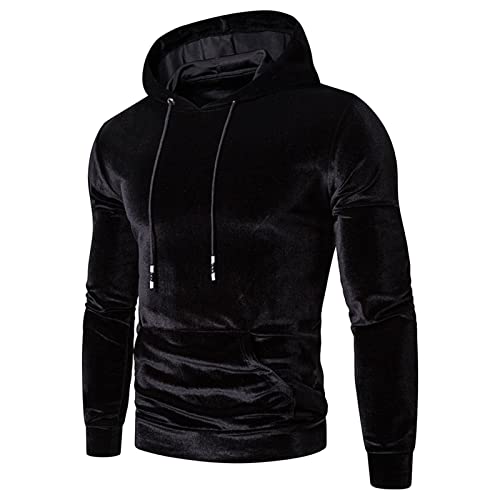 Men'S Velvet Hoodie Sweatshirts Solid Color Long Sleeves Hooded Pullover Casual Fashion Winter Warm Blouse, Black, Medium