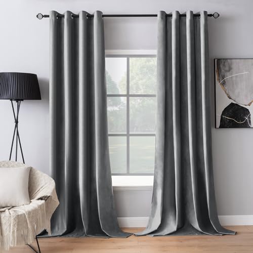 MIULEE 2 Panels Blackout Velvet Curtains Solid Soft Grommet Grey