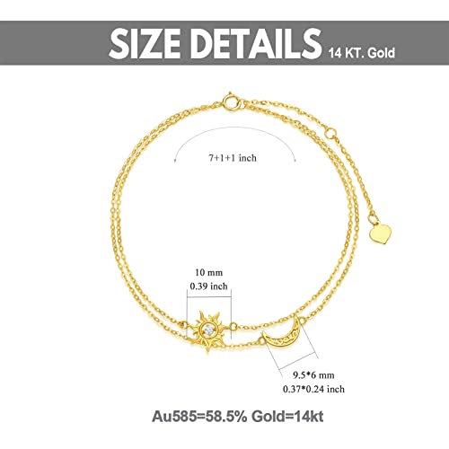 14K Gold Sun And Moon Bracelets For Women Real Yellow Gold Crescent Moon Layered Link Bracelets Christmas/Birthday Gift For Wife Girlfriend Girls Her 7''+1''+1'' Inch (Sun Moon) #TOP1