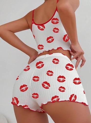 Image of Hilinker Womens Graphic Print Ribbed PJ Set Crop Cami Tops and Shorts Cute Pajamas Set