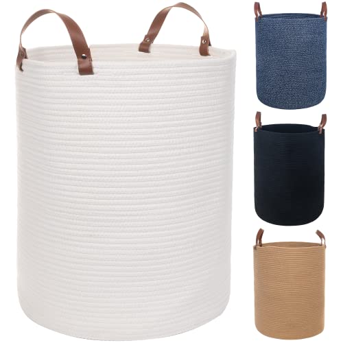 Twira Extra Large 20X16 Inches Cotton Rope Basket, Woven Baby Laundry Blanket Basket With Leather Handle Toy Basket Storage Baskets Bin For Yoga Mat & Towel (White） #TOP26