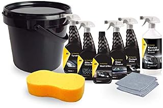 AA - Car Essentials Cleaning Kit - Includes 5x 750ml Of Cockpit Shine, Glass Cleaner & Tyre Shine, 1L Waterless Wash And Wax - Jumbo Car Sponge, 2 Microfibre Cloths & 10L Bucket
