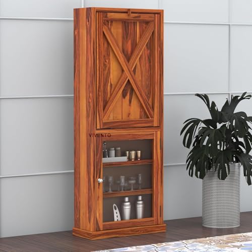 Image of SUNCOM Solid Sheesham Wooden Bar Cabinet for Home - Wooden Wine Rack for Home Bar - Foldable Modern Bar with Shelves & Glass Door Storage (Honey)