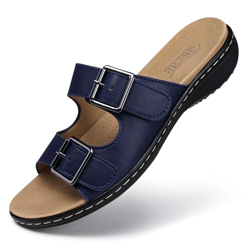 SHIBEVER Women Dressy Flat Sandals: Arch Support - Navy Blue Open Toe Summer Slides - Comfortable Walking Sandal Slip on Size 10