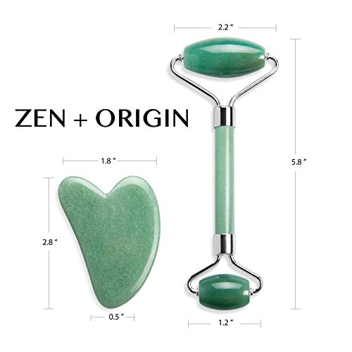 Jade Roller and Gua Sha Set - 100% Natural Jade Stone Face Roller, Dual Sided Massage Roller Stimulates Blood Flow, Relieves Stress, Reduces Signs of Aging, Travel Pouch Included, Gift Box