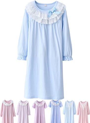 ABALACOCO Girls Kids Princess Lace Nightgown Long Sleeve Cotton Sleepwear Dress Pretty Homewear Dress (8-9 Years, Blue)