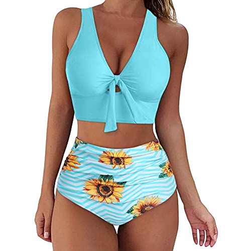 Lazzboy Bikini Damen Push Up Frauen Bandeau Gepolsterter Badeanzug Bademode Beachwear Set Zweiteilige Tankini Badeanzüge High Waist Halfter Vintage S-XL (Blau,S)