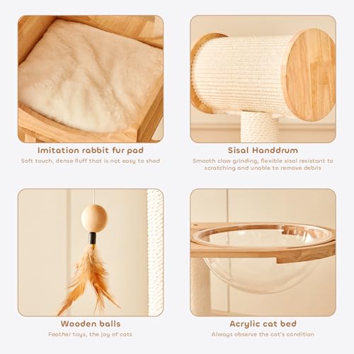 Image of Wood Cat Tree for Indoor Cats, Modern Cat Tower, Unique Cat Condo with House, Tall Luxury Furniture with Heavy Duty Wide Base, Kraft Paper Rope Scratching Post, Removable Cushion (74.8-inch)