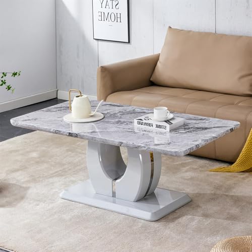 LKTART Rectangle Coffee Table for Living Room, Imitation Marble Coffee Tables with Storage, Modern Stable Base Accent Center Tea Table for Dining Room Small Space Apartment (43.3''L×22.4''H-Grey)