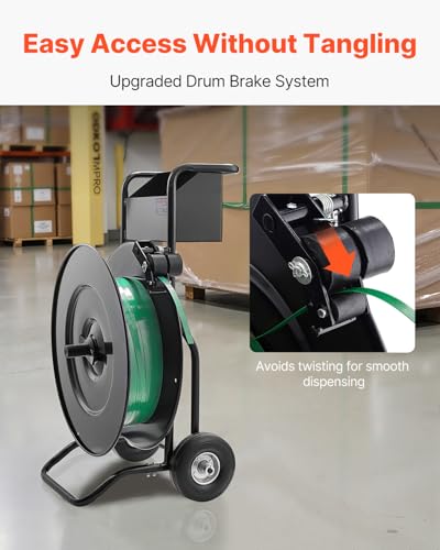 Image of VEVOR Banding Strapping Cart, for PET /PP Coils with 8 inch or 16 inch Core, Heavy Duty Strapping Dispenser with Upgrade Drum Brake System, Rubber Wheels and Built-in Spacious Tool Tray, 110 lbs Capacity