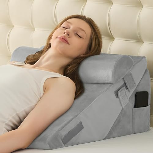Image of Sasttie Wedge Pillow Set for After Surgery, 2PCS Adjustable Bed Wedge Pillow Headboard with Memory Foam Neck Cushion - for Acid Reflux, Sleeping, Neck & Back Support, Velvet & Light Grey