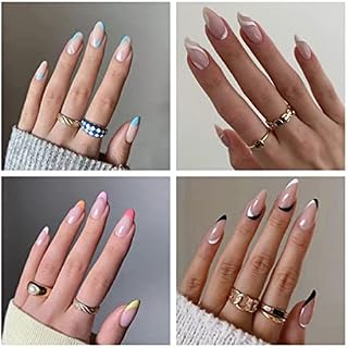 JUSTOTRY 4 Packs (96 Pcs) Almond False Nails Short, White French Press on Nails Pattern, Oval Fake Nails Short with Nail Glue, Pretty Stick on Nails for Women, Nails Fake Nail for Nails Art