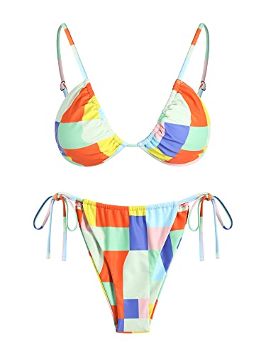 Zaful Womens Swimsuits Bikini Set - Two Piece Colorblock Checkered Plaid Triangle Swimwear, Tie Side High Cut Thong Bottom Bathingsuit Orange Small #TOP1
