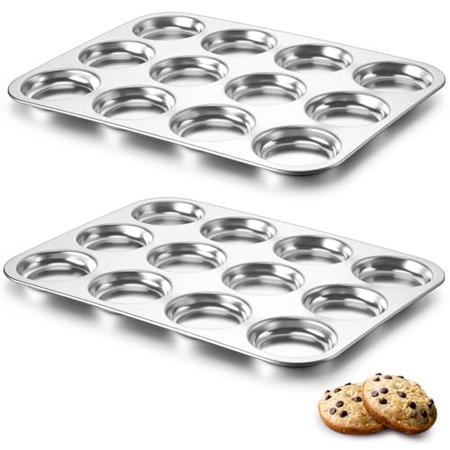 P&P CHEF 12-Cup Muffin Top Pan Cupcake Pan with Shallow Side 2PC & Silver