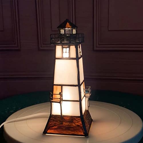 Bieye L10727 Lighthouse Tiffany Style Stained Glass Accent Table Lamp Night Light With Lookout Platform For Home Decoration (5X5X9, Brown) #TOP5