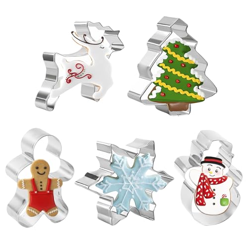 MLPKOI Set di 5 Formine per Biscotti di Natale, a Forma di Fiocco di Neve, Albero di Natale, Renna, Ragazzo di Pan di Zenzero, Pupazzo di Neve per Bambini