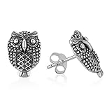 Oxidized Sterling Silver Detailed Little Vintage Owl Wisdom Bird Lover Post Stud Earrings 14 mm