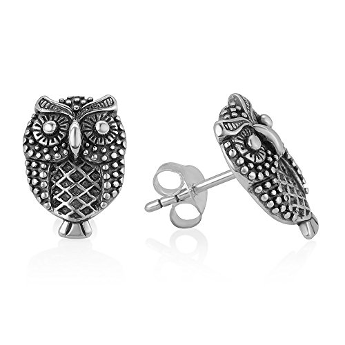 Oxidized Sterling Silver Detailed Little Vintage Owl Wisdom Bird Lover Post Stud Earrings 14 mm