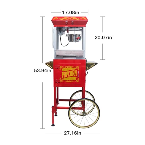 Image of Montary 8 Oz Commercial Popcorn Machine with Cart,650W Vintage Style Popcorn maker Equipped with Popcorn Scoops，Heated Deck & Storage for Home Movie House and Carnival,Red